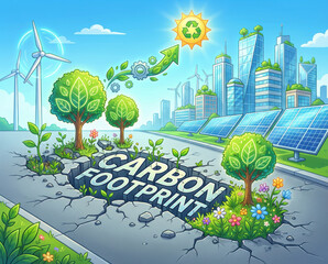 Green carbon reduction neutral sustainable net nature city skyline eco friendly concept shows carbon footprint shrinking toward net zero with clean energy carbon reduction to net zero concept