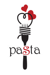 illustration of fork with pasta and hearts isolated on white background