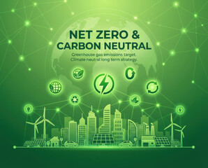 Green net zero carbon reduction neutral sustainable net nature city skyline under glowing globe with clean energy icon for hopeful climate concept carbon reduction to net zero concept