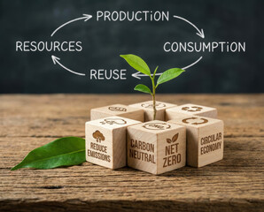 Green carbon reduction neutral sustainable net nature concept with plant sprout icon and recycle symbol showing eco friendly strategy for circular economy carbon reduction to net zero concept