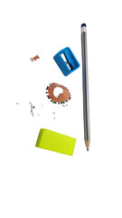 Blue Pencil Sharpener, Pencil and Green Eraser Isolated on White Background