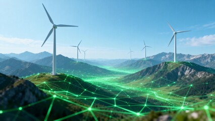 Wind turbines in mountain landscape with green network