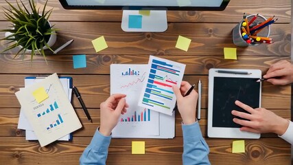 Top view of business people analyzing financial charts and data on a desk with a computer, tablet - Powered by Adobe
