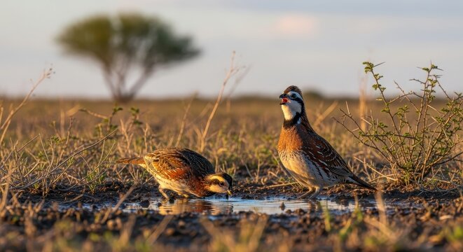 Two elegant crested bobwhite quails quench thirst at a serene watering hole in grassland habitat