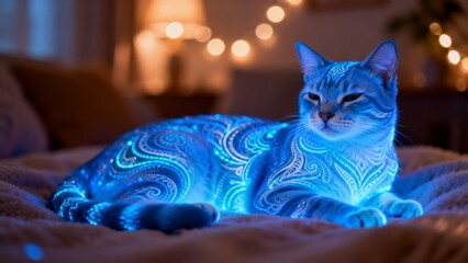 Cat with glowing blue patterns on fur