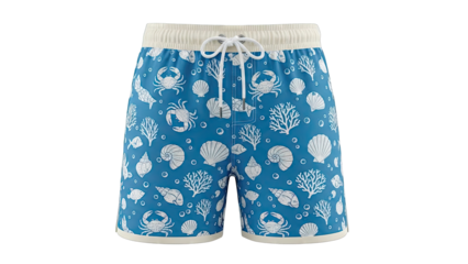 Blue swim shorts with white marine life pattern