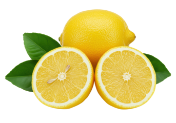 Vibrant yellow lemons, one cut in half showing juicy segments and pith, with green leaves on a transparent background, copy space, fresh citrus still life concept