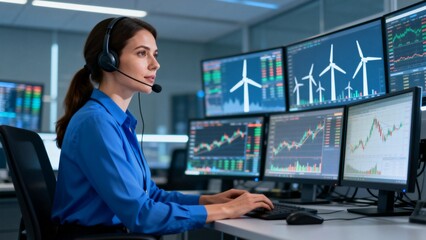 Woman working in a trading room with multiple monitors