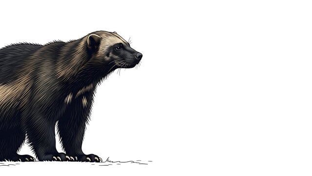 Wolverine Gulo gulo standing on snow looking right isolated on white background.
