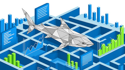 financial market analysis with polygonal shark navigating data maze of business graphs symbolizing strategic challenges.