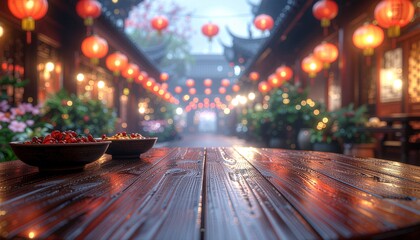 Reflection in the Table Surface. Chinese New Year. A shot where the polished, dark wood of the round table surface clearly reflects the glowing red lanterns and the blurred bowls of food overhead.
