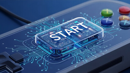 game controller start button glowing with digital circuit patterns showing technological innovation fresh starts and gamings future.