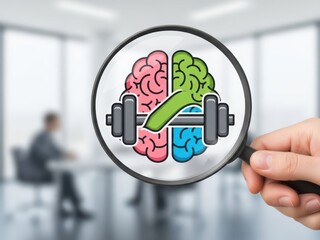 Employee wellness program icon under a magnifying glass held by a hand, showing mental health and fitness benefits, for HR strategy and workplace wellbeing