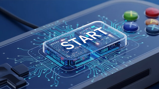 game controller start button glowing with digital circuit patterns showing technological innovation fresh starts and gamings future. - Powered by Adobe