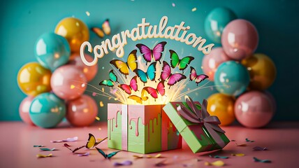Colorful congratulations gift box with balloons and party decorations