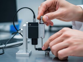 Close-up of hands calibrating a precision robotic sensor in a lab, for quality assurance, high-tech manufacturing, and engineering innovation