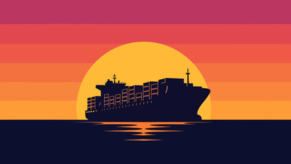 Obraz premium Massive cargo ship silhouette sailing across the ocean at sunset.