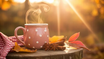 Steaming Hot Coffee in Pink Polka Dot Mug Placed on Tree Stump in Sunny Autumn Forest for Cozy Outdoor Experience