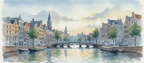 Obraz premium amsterdam netherlands holland city skyline watercolor - landscape painting