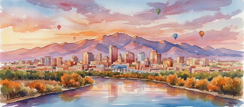 albuquerque new mexico city skyline watercolor - landscape painting