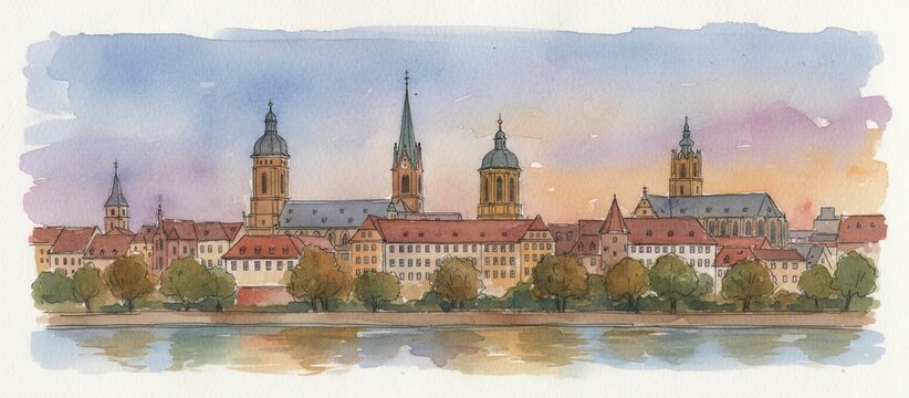 augsburg germany city skyline watercolor - landscape painting
