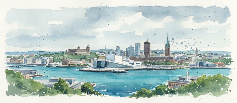 oslo norway city skyline watercolor - landscape painting