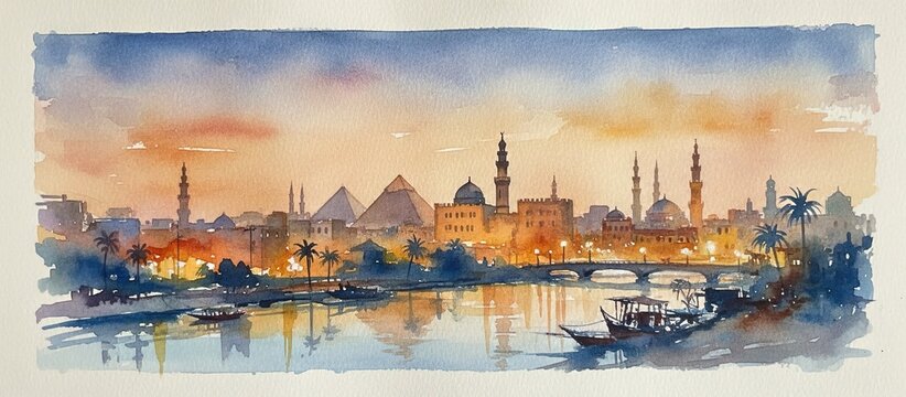 cairo egypt city skyline watercolor - landscape painting