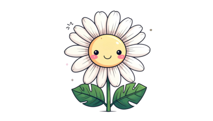 Adorable cartoon daisy with white petals, a happy face, and green leaves on black