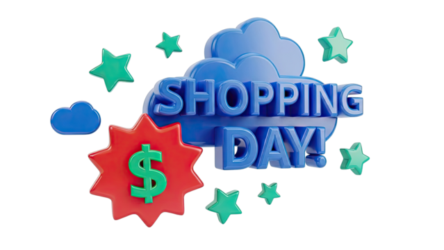 3D Shopping Day Text with Dollar Sign and Stars - Powered by Adobe