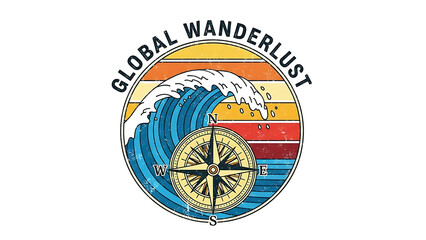 global wanderlust logo design featuring a vintage compass and ocean wave set against a retro sunset background for travel adventure branding