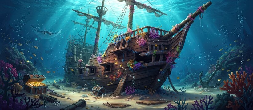 Sunken boat shipwrecked at the bottom of the ocean underwater