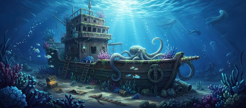 Sunken boat shipwrecked at the bottom of the ocean underwater