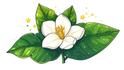 Vibrant illustration of a white flower, surrounded by green leaves and whimsical sparkles