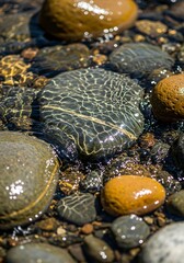 Close-up of water flowing over rounded pebbles, creating ripples and reflections on a sunny day