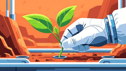mars colonization agriculture astronaut hand plants seedling in red mars soil for sustainable future habitat.