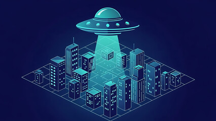 metaverse city data transfer featuring a ufo beaming digital information cubes from an isometric urban landscape on a grid