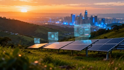 Solar panels with city skyline at sunset