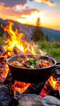 Stew cooking over campfire flames with a vibrant sunset background