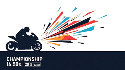motorcycle racing championship graphic with dynamic speed lines and colorful abstract shapes for sport event promotion and marketing