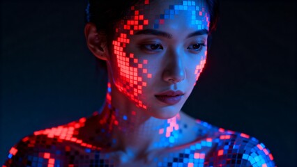 Woman with glowing pixel art on face and body