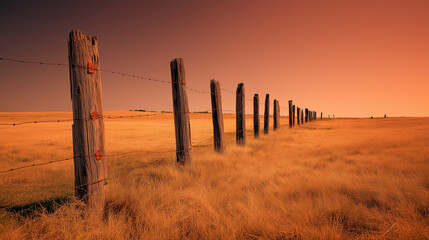 Old wooden fence with barbed wire stretching across golden grassland under warm sky