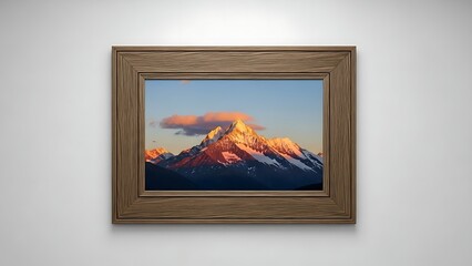 A framed mountain sunset on a plain wall