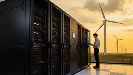 Man working in server room with wind turbines