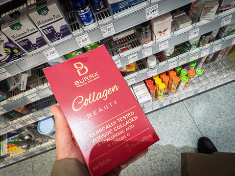 BELGRADE, SERBIA - NOVEMBER 8, 2025: Burra collagen beauty supplement displayed for sale in a retail store. The product packaging highlights collagen and skincare related benefits.