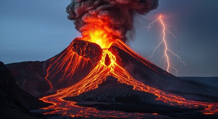 Volcano erupting with lava and magma flowing down the mountainside slope