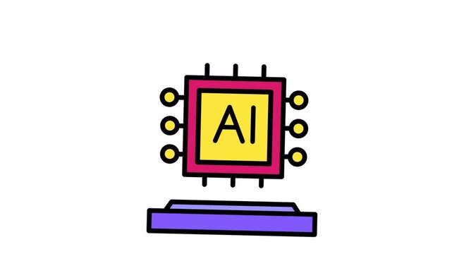 Stylized AI Processor Chip Icon Floating Over Base - Artificial Intelligence Technology Concept Illustration