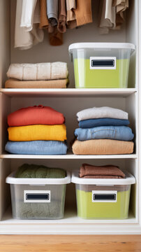 Organized closet with seasonal storage bins featuring labeled clear containers for efficient wardrobe management