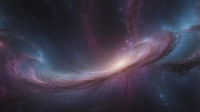 A stunning and artistic cosmic scene depicting a magnificent spiral galaxy or nebula amidst the darkness of space, its center shining brightly with an intense golden white light.