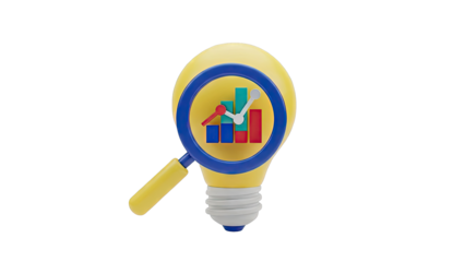 Lightbulb with Magnifying Glass and Bar Chart