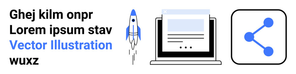 Digital marketing, technology, online growth, social media, startup, connectivity. Rocket launching, laptop with document and network-sharing icon. Digital marketing and technology